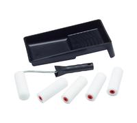 ProDec Contractor Lot de 7 articles dont 5 mini-rouleaux mousse 100 mm, monture, bac pour peintures brillantes/satinées sur plinthes, rebords de fenêtre, portes à panneaux, placards, métal, etc