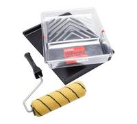 ProDec Lot de 3 articles 225 mm x 44 mm, rouleau tissé poils moyens | monture, bac et 5 films protecteurs pour bac pour émulsions et peintures de maçonnerie sur murs intérieurs