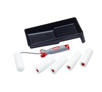 ProDec Lot de 7 articles, monture poignée souple et bac, rebord de fenêtre | 5 mini-rouleaux mousse 100mm, finition lisse, peinture brillante/satinée sur plinthe, porte à panneaux, placard, métal, etc