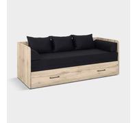 Produce Shop Tetrix Canapé-lit pliable avec tiroir et coussins noirs, 80-160 x 200 cm, chêne