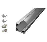 Profilé en aluminium 45° 6063 TL1919 en barres de 2 m pour rubans à LED avec verre opaque ou transparent et bouchons et crochets de montage inclus (1 barre de 2 m, coque transparente)
