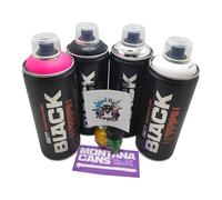 PROGAL COLORS Montana Black Peinture en aérosol pour graffiti, 400 ml, 4 couleurs (blanc, noir, fuchsia, chrome argenté), comprend 3 buses de rechange + 1 autocollant Montana Cans