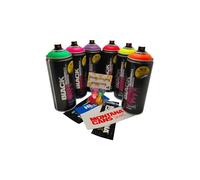 PROGAL COLORS Montana Lot de 6 bombes aérosols fluorescents Noir fluo 400 ml + 6 buses de rechange de différentes tailles