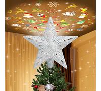 Projecteur de lumière LED Rotatif pour Sommet de Sapin avec 6 Diapositives - Étoile de Noël argentée pour décoration d'arbre