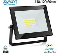 Projecteur LED - 30 W - Blanc froid 6400 K - IP65 - 140 x 120 x 30 mm - Pour montage mural - Livré avec support et câble