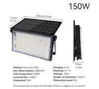 Projecteur LED solaire - Modèle A 150 W - 1 pièce - Avec télécommande - Fonctionnement solaire - Étanchéité IP65 - Aluminium