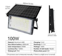 Projecteur solaire LED - Modèle A 100 W, 1 pièce - Avec télécommande - Étanchéité IP65 - Boîtier en aluminium - Pour usage extérieur - Fonction d'éclairage de secours