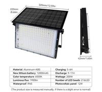 Projecteur solaire LED - Modèle A, 200 W, 1 unité - Avec télécommande - Étanchéité IP65 - Boîtier en aluminium - Pour usage extérieur - Fonction d'éclairage de secours