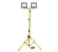 Projecteurs LED sur trépied, 2 x 50 W, 9 000 lumens, jaune, câble de 3 m, IP65, hauteur 158 cm. Usage extérieur : idéal pour les chantiers, les garages, les jardins et les barbecues.