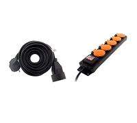 Prolongateur 16A 2P+T HO5VV-F 3G1,5mm² Noir 10m & Bloc étanche IP44 5 Prises 16A 2P+T avec clapets et Interrupteur Câble HO5RRF 3G1 de 1,5m