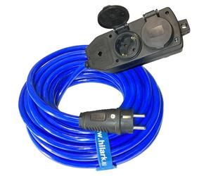 Prolongateur en caoutchouc bleu H07BQ-F 3x2,5mm. Boîtier de distribution SCHUKO noir, longueur 50 mètres