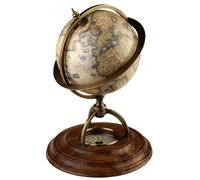 ProPassione Globe terrestre façon antique, pied acajou, support bronze, boussole, h 21 x Ø globe 14.5 cm
