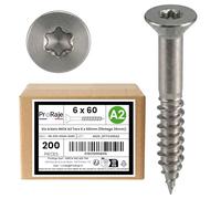 PRORAJE Vis à bois INOX A2 : 6 x 60 mm (filetage 36mm) | Tête fraisée empreinte TORX (TX) | Acier inoxydable A2 (V2A / AISI 304) | construction/aggloméré/terrasse/etc : LOT DE 200 Pcs