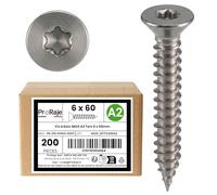 PRORAJE Vis à bois INOX A2 : 6 x 60 mm | Tête fraisée empreinte TORX (TX) | Acier inoxydable A2 (V2A / AISI 304) | construction/aggloméré/terrasse/etc : LOT DE 200 Pcs