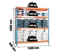 PROREGAL Étagère pour charges lourdes BIG WOOD YETI FOUR | HxLxP 200x150x60cm | Charge admissible par tablette 400kg | Bleu-Orange