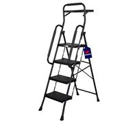 PROREGAL Profi-Escabeau pliant avec certification TÜV/GS, avec arceau manuel et plateau à outils 4 marches avec surface striée HxLxP 160x51x87cm Capacité de charge 150kg Acier Noir, Marche Pied Pliant