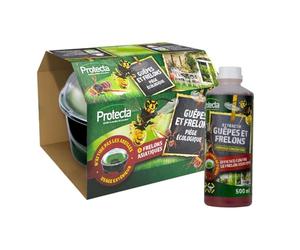 Protecta® Piège à Guêpes & Frelons + Attractif Inclus - Jusqu’à 4 Recharges (= 3 Semaines Chacune) - Kit Complet Prêt à l’Emploi - Piège Frelons Asiatiques & Mouches - Jardin, Terrasse, Camping