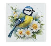 Protection de plan de travail carrée en verre avec pieds antidérapants - Motif mésange bleue florale - Oiseaux et fleurs - Cadeau de la nature - Planche à découper lisse - 30 x 30 cm