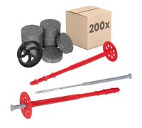 PROTEKTOR Kit 200x chevilles isolantes Ø10x200mm avec rondelle, fraise & clou acier pour ITE, chevilles à frapper façade rosace certifiées ETA