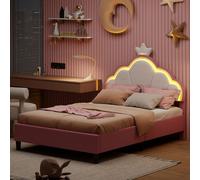 ProximaX Lit d'enfant Lit 140x200, LED cadre de lit pour filles, avec tête de lit réglable, cadre de lit double en cuirPolyuréthaneavec sommier à lattes et dossier, sans matelas Rose