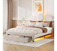 ProximaX lit rembourré 140x200 cm, tiroirs de pied de lit, barres lumineuses latérales, éclairage de la tête de lit, beige