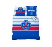 PSG LOGO Parure de lit | 100% Coton | OEKO-TEX | Housse de couette 200x200cm + Taie d'oreiller 63x63cm | Imprimé Garçon | Bleu/Blanc/Rouge