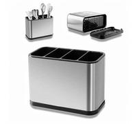 PTJJXA Porte Ustensile Cuisine Inox 18x13x8,6cm, Égouttoir à Couverts avec 4 Compartiments, Récipient à Ustensiles avec Base Anti-Glissement, Organisateur pour Cuillère, Fourchette, Couteau