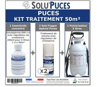 Puces : Kit complet SoluPuce 50 m² - 1 concentré Emulsphrine EW++S 250 ml, 2 aérosols one-shot Solu'Fogger et 1 pulvérisateur 5L
