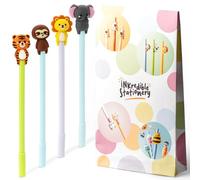 Puckator Adoramals - Lot de 4 stylos fantaisie animaux sauvages avec motifs mignons | Tigre, paresseux, lion, éléphant | Accessoires de papeterie amusants | Encre noire
