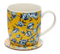 Puckator MUGC16 Pick of The Bunch Peony Tasse et Dessous-de-Verre en Porcelaine Motif Floral Jaune 300 ML