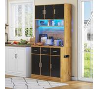 PUGSDRLY Buffet de Cuisine LED Éclairage Prises - Vaisselier Salle à Manger - Meuble de Rangement Étagères Réglables 100x40x180cm (Naturel+Noir)