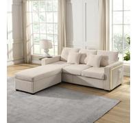 PUGSDRLY Canapé 3 Places en Tissu Velours Côtelé avec Pouf,Canapé Modulable en L avec Éclairage d'ambiance LED,pour Salon et Home Cinéma (Beige-B)