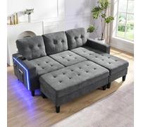 PUGSDRLY Canapé d'angle 3 Places en Tissu Chenille avec Pouf,Canapé Modulable en L avec Éclairage d'ambiance LED et Port USB,pour Salon et Home Cinéma (Gris-A)