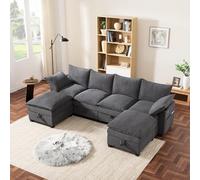 PUGSDRLY Canapé d'angle 6 Places 280X152X83CM,Canapé Panoramique Modulable avec 2 Tabouret de Rangement Mobile,Port USB,Porte-gobelets,Velours Côtelé,pour Salon,Bureau (Gris)