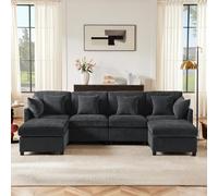 PUGSDRLY Canapé d'angle 6 Places en U,Canapé Panoramique,Canape Modulable avec 2 Poufs Amovible,6 Coussins,Chenille,pour Salon Bureau Appartement(F-Gris)
