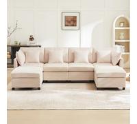 PUGSDRLY Canapé d'angle 6 Places en U,Canapé Panoramique,Canape Modulable avec 2 Poufs Amovible,6 Coussins,Chenille,pour Salon Bureau Appartement(F-Beige)