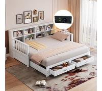 PUGSDRLY Canapé Lit Convertible 90/180x190cm avec 2 Tiroirs et Prise électrique,Multifonctionnel canapé lit 2 Places Convertible avec Compartiment Rangement,Sommier à Lattes,Pin,sans Matelas (Blanc)