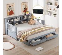 PUGSDRLY Canapé Lit Convertible 90/180x190cm avec 2 Tiroirs et Prise électrique,Multifonctionnel canapé lit 2 Places Convertible avec Compartiment Rangement,Sommier à Lattes,Pin,sans Matelas (Gris)