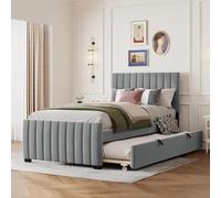 PUGSDRLY Lit 1 Place 90x190cm avec lit gigogne 90x190cm,Lit Capitonné avec Sommier à Lattes,Tissu Velours,pour Enfant Adolescent et Adulte,sans Matelas (Gris, 90)