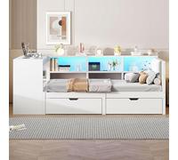PUGSDRLY Lit 1 Place 90x200cm avec Bureau et Compartiment de Rangement,Canapé Lit avec 2 Tiroirs et éclairage LED,Prise électrique,Tête Rembourrée,Blanc,pour Enfant Adolescent Adulte (90x200)