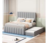 PUGSDRLY Lit 140x200 avec 3 Tiroirs et lit gigogne 90x190cm,Lit Double avec Sommier à Lattes,Tissu de Lin,Tête Capitonné,pour Enfant Adolescent Adulte,sans Matelas (Gray)