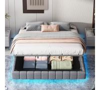 PUGSDRLY Lit 180x200cm sans Tête de lit avec éclairage LED et Espace de Rangement,Lit Double Coffre Capitonné Multifonctionnel,sans Matelas (Gris, 180x200)