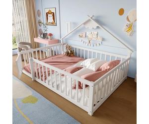 PUGSDRLY Lit Cabane Enfant 140x190cm avec Barriere et Serrure,Lit Montessori au Sol avec Sommier à Lattes,Cadre en Bois de Pin pour Enfant,sans Matelas (Blanc, 140x190)