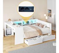 PUGSDRLY Lit Double 140x200cm avec Bureau et Compartiment de Rangement,Canapé Lit 2 place avec 2 Tiroirs et éclairage LED,Prise électrique,Tête Rembourrée,Blanc,pour Enfant Adolescent Adulte (140x200)