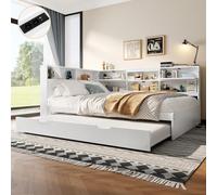 PUGSDRLY Lit Double 140x200cm avec lit gigogne 90x190cm,Lit 2 Personnes avec Compartiment de Rangement,Tête avec Port USB et Prise électrique,sans Matelas (140)