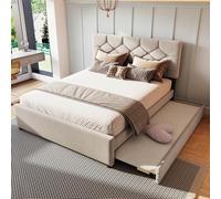 PUGSDRLY Lit Double 140x200cm avec lit Gigognes 90x190cm,Lit Capitonné avec Sommier à Lattes et Velours,Design Moderne et Minimaliste,sans Matelas (Beige, 140)