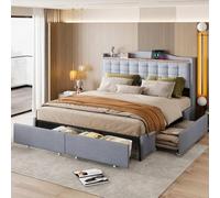 PUGSDRLY Lit Double avec 4 Tiroirs,Lit 160x200cm avec Sommier à Lattes,Lit Adulte avec 2 Ports USB,Lit Coffre,Lit Rembourré,Lit Plat,Lit avec Rangement,Tissu Lin (Gris Clair)