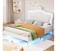 PUGSDRLY Lit Enfant rembourré 140 x 200 cm, Cadre de lit pour Filles, Cadre de lit Double en Cuir PU avec éclairage LED, sommier à Lattes et Dossier (Matelas Non Inclus). White