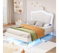 PUGSDRLY Lit Enfant rembourré 90 x 200 cm, Cadre de lit pour Filles, Cadre de lit Double en Cuir PU avec éclairage LED, sommier à Lattes et Dossier (Matelas Non Inclus). White