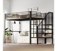 PUGSDRLY Lit Mezzanine 140x200cm avec Escalier,Lit Mezzanine 2 Places avec Clôture Haute,Cadre en Métallique pour Enfant Adolescent Adulte (Noir, 140)